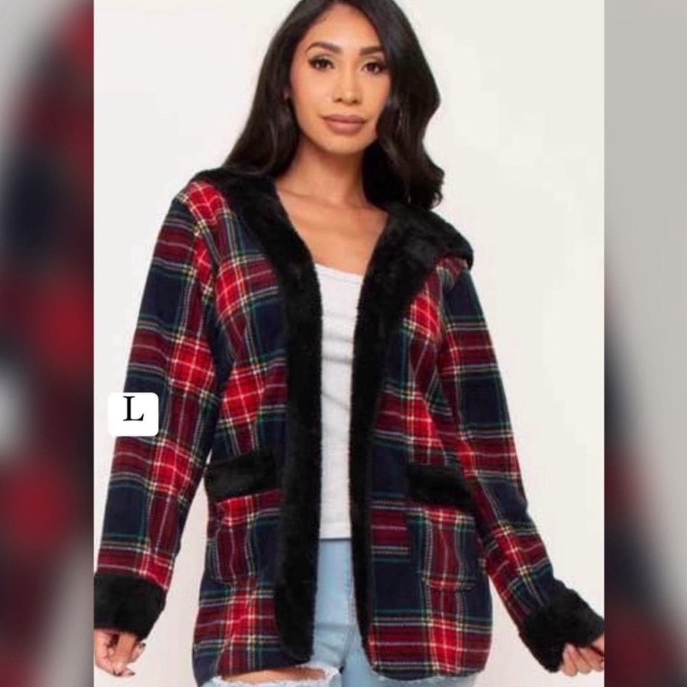 Plaid Fleece Jacket with Black Trim